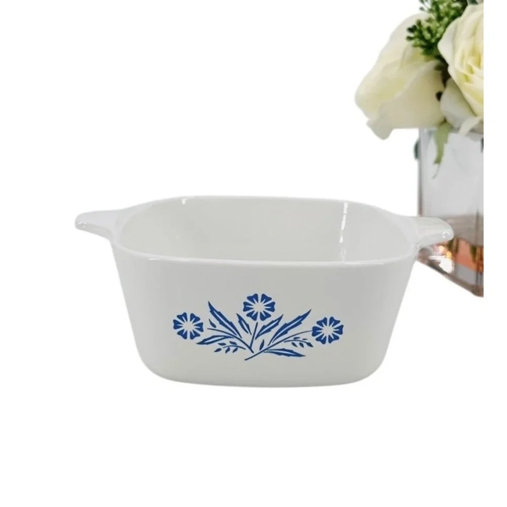 Vintage CorningWare Baking Dish White Blue Cornflower Square P-43-B 2 3/4 Cup